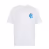 Rex Club | A white short-sleeve t-shirt with a minimalistic blue graphic design on the left chest area. The design consists of intertwined letters forming a compact, abstract pattern. The Rex the Lion has a crew neckline and a clean, modern look. | Custom Caps | Custom Hats | Team Headwear | UK