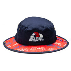 Rex Club | Boonie Hat Rex Club Red Kites with a patterned under-brim featuring red and blue graphics and text, displaying the logo "rex red club kites" on the front. | Custom Caps | Custom Hats | Team Headwear | UK
