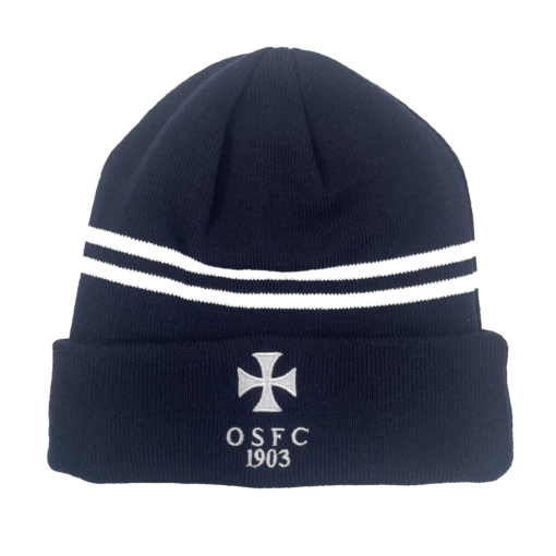 Rex Club | A navy blue beanie hat with a white star emblem and the letters "osfc 1903". the beanie features two horizontal white stripes on the folded cuff. | Custom Caps | Custom Hats | Team Headwear | UK