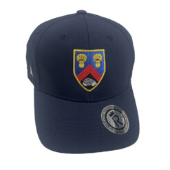 Rex Club | A navy blue baseball cap featuring a colorful crest with a shield design on the front and a small round logo on the side, the shield has golden elements and a red and blue design - Alderley Edge CC Stretch. | Custom Caps | Custom Hats | Team Headwear | UK