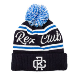 Rex Club | A navy blue and white striped knitted bobblehat with a blue pompom on top. it features the text "rex club" in bold white letters and the initials "rc" on the cuff. | Custom Caps | Custom Hats | Team Headwear | UK