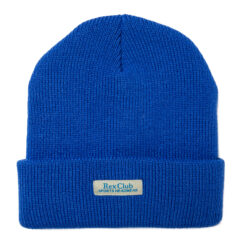 Rex Club | A bright blue Rex Club Bobble Hat with a folded cuff, featuring a small rectangular label that reads "rex club sports headwear" stitched onto the front. | Custom Caps | Custom Hats | Team Headwear | UK