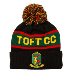 Rex Club | A colorful Toft CC Bobble Hat with a pom-pom, featuring green, red, and black stripes and embroidered with the letters "toftcc" and a crest displaying a dragon and the year 1928. | Custom Caps | Custom Hats | Team Headwear | UK