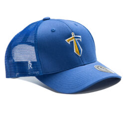 Rex Club | A blue Manchester Titans Trucker with a mesh back featuring a yellow and white T-shaped logo on the front. The hat has an adjustable snapback closure and a sticker on the brim. | Custom Caps | Custom Hats | Team Headwear | UK