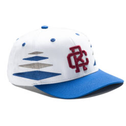 Rex Club | A white Rex Club - Summer 24 - Slouch with a blue brim, featuring red embroidered letters "DC" on the front. The cap has blue dots on top and geometric shapes in gray and blue on the sides. | Custom Caps | Custom Hats | Team Headwear | UK