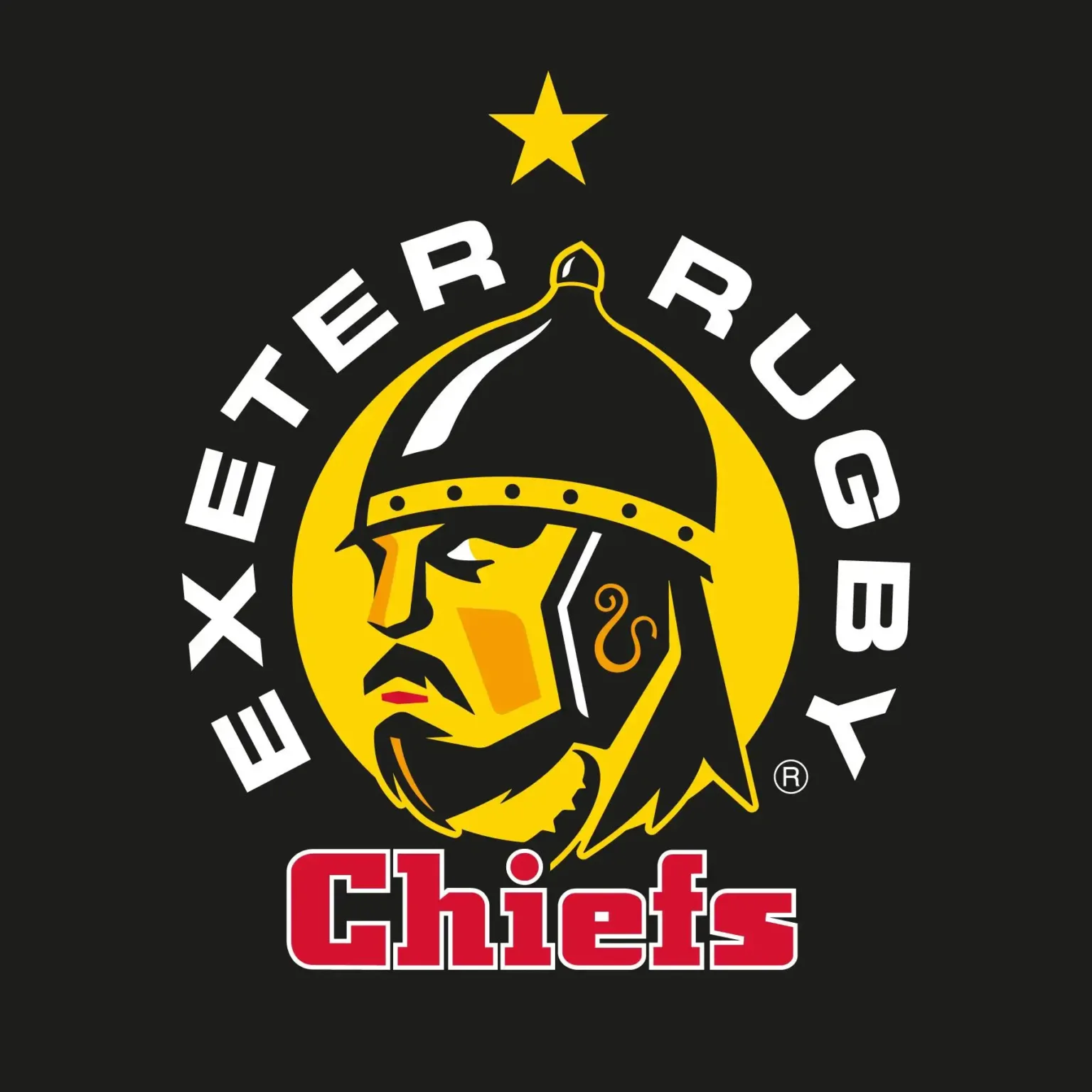 Rex Club | The image shows the Exeter Rugby Chiefs logo. It features a stylized warrior in a helmet on a yellow circle, with a star above. "Exeter Rugby Chiefs" is written around the circle, with "Chiefs" in red at the bottom. | Custom Caps | Custom Hats | Team Headwear | UK