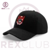 Rex Club | The North Berwick RFC Stretch is a black mesh baseball cap with a red and white emblem on the front. A stylized crown logo is behind the cap, and "REX CLUB" appears in maroon on a light gray background. | Custom Caps | Custom Hats | Team Headwear | UK
