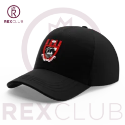 Rex Club | The North Berwick RFC Stretch is a black mesh baseball cap with a red and white emblem on the front. A stylized crown logo is behind the cap, and "REX CLUB" appears in maroon on a light gray background. | Custom Caps | Custom Hats | Team Headwear | UK