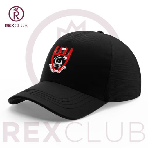 Rex Club | The North Berwick RFC Stretch is a black mesh baseball cap with a red and white emblem on the front. A stylized crown logo is behind the cap, and "REX CLUB" appears in maroon on a light gray background. | Custom Caps | Custom Hats | Team Headwear | UK