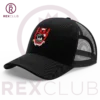 Rex Club | The North Berwick RFC Trucker is a black mesh baseball cap with a red and white emblem on the front. A stylized crown logo is behind the cap, and "REX CLUB" appears in maroon on a light gray background. | Custom Caps | Custom Hats | Team Headwear | UK