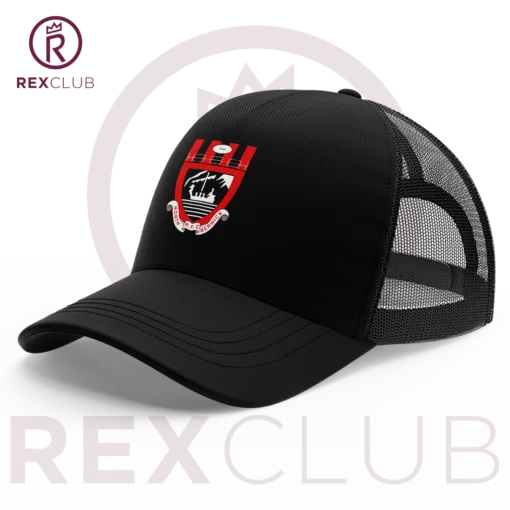 Rex Club | The North Berwick RFC Trucker is a black mesh baseball cap with a red and white emblem on the front. A stylized crown logo is behind the cap, and "REX CLUB" appears in maroon on a light gray background. | Custom Caps | Custom Hats | Team Headwear | UK