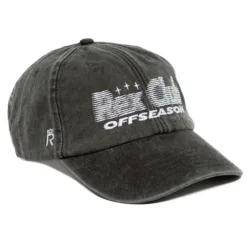Rex Club | The Offseason 2025 cap is black with a white stitched “OFFSEASON” text and a glitchy graphic above it, plus a small white “R” logo on the side. It features a curved brim and has a worn-in look. | Custom Caps | Custom Hats | Team Headwear | UK