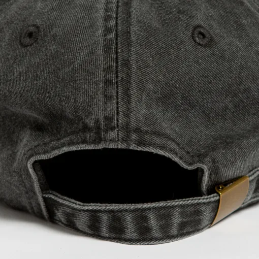 Rex Club | Close-up of the back of the Offseason 2025 dark gray denim cap, featuring an opening and an adjustable strap with a brass-colored metal buckle. | Custom Caps | Custom Hats | Team Headwear | UK