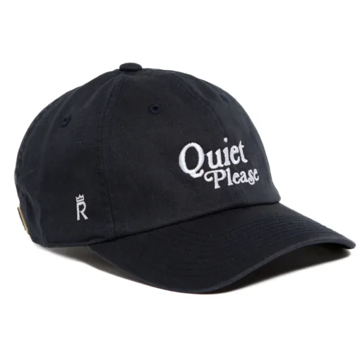 Rex Club | A black "Golf: Quiet Please" baseball cap featuring white embroidered text on the front and a small white crowned "R" on the side. | Custom Caps | Custom Hats | Team Headwear | UK