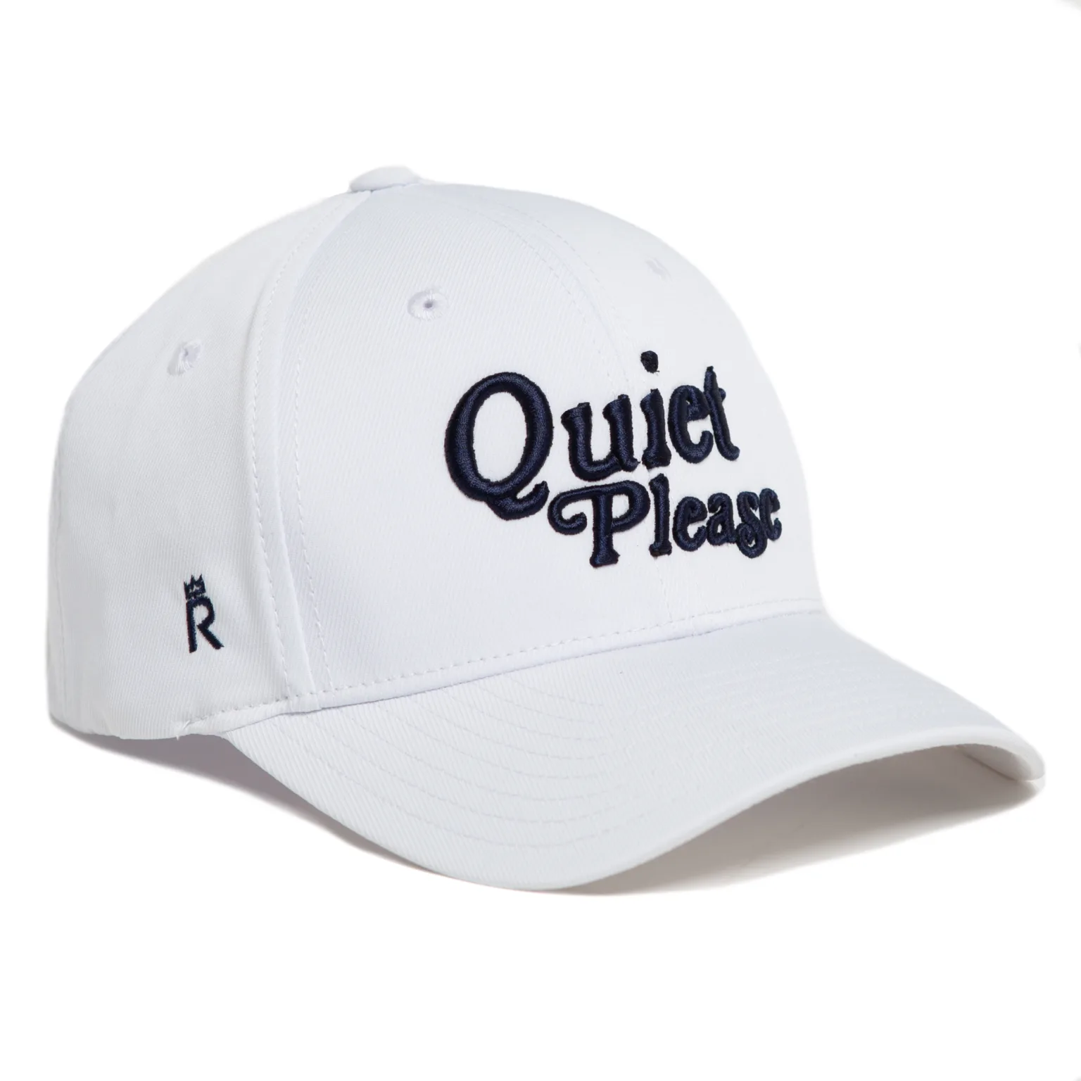 Rex Club | The Golf: Quiet Please cap is white with "Quiet Please" embroidered in bold black letters on the front and a small crown logo with an "R" on the side. | Custom Caps | Custom Hats | Team Headwear | UK