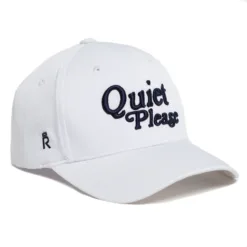 Rex Club | The Golf: Quiet Please cap is white with "Quiet Please" embroidered in bold black letters on the front and a small crown logo with an "R" on the side. | Custom Caps | Custom Hats | Team Headwear | UK