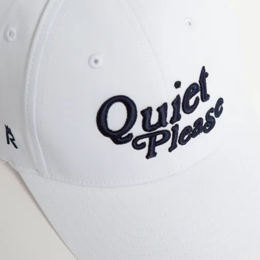 Rex Club | A close-up of the "Golf: Quiet Please" white baseball cap, featuring the phrase embroidered in black on the front. | Custom Caps | Custom Hats | Team Headwear | UK