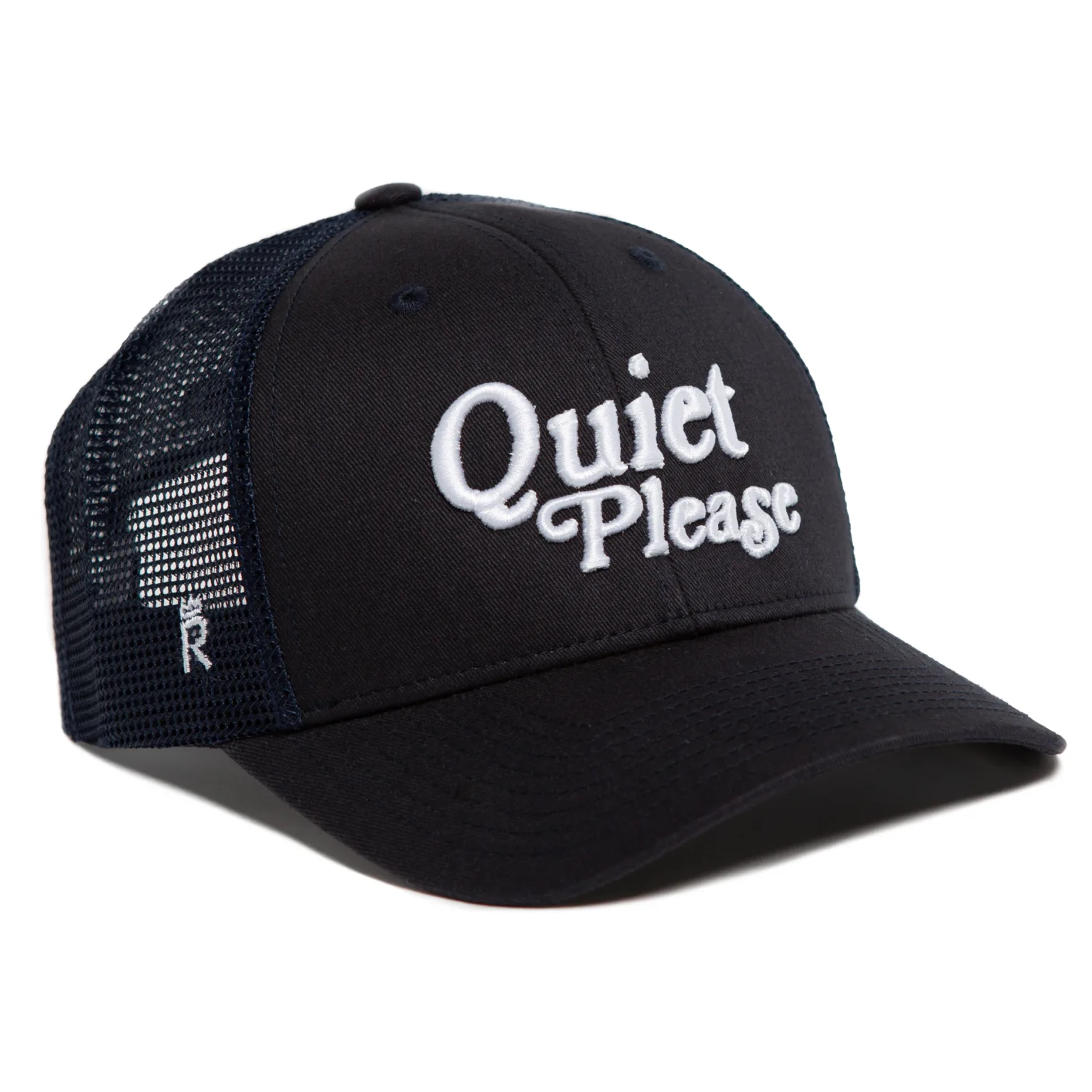 Rex Club | The Golf: Quiet Please hat is a black trucker cap with white mesh sides and "Quiet Please" embroidered in bold white letters on the front. | Custom Caps | Custom Hats | Team Headwear | UK