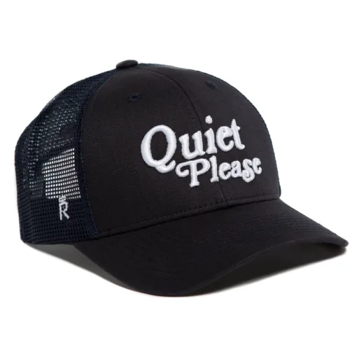 Rex Club | The Golf: Quiet Please hat is a black trucker cap with white mesh sides and "Quiet Please" embroidered in bold white letters on the front. | Custom Caps | Custom Hats | Team Headwear | UK