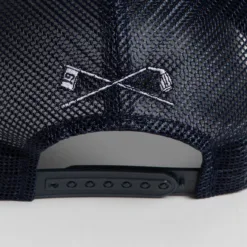 Rex Club | Golf: Quiet Please navy blue mesh baseball cap with adjustable strap, featuring embroidered white crossed golf clubs and the number 19 on the left club, shown from the back. | Custom Caps | Custom Hats | Team Headwear | UK