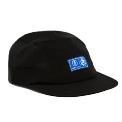 Rex Club | The Running Caps are black five-panel hats with a flat brim, mesh side panels, and a blue rectangular patch featuring white symbols and "REXCLUB" text on the front. | Custom Caps | Custom Hats | Team Headwear | UK
