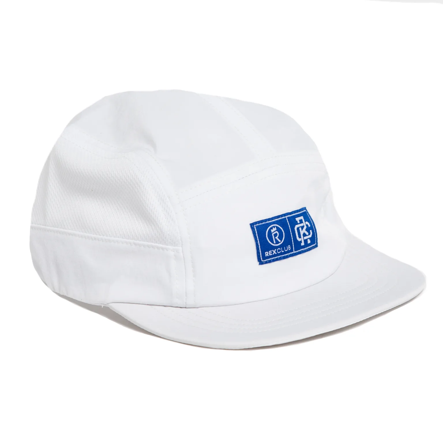 Rex Club | The Running Caps are white five-panel caps with flat brims, featuring a blue rectangular patch with white logos and "REX CLUB" text on the front, shown against a plain white background. | Custom Caps | Custom Hats | Team Headwear | UK