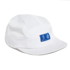 Rex Club | The Running Caps are white five-panel caps with flat brims, featuring a blue rectangular patch with white logos and 