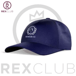 Rex Club | A navy blue baseball cap named "North Berwick RFC Stretch (Copy)" with a white embroidered crest is shown in front of a background featuring the "REXCLUB" logo in large purple letters and a crown graphic. | Custom Caps | Custom Hats | Team Headwear | UK