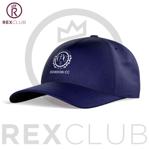 Rex Club | A navy blue baseball cap named "North Berwick RFC Stretch (Copy)" with a white embroidered crest is shown in front of a background featuring the "REXCLUB" logo in large purple letters and a crown graphic. | Custom Caps | Custom Hats | Team Headwear | UK