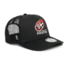 Rex Club | The Cornish Pirates - Club Crest Trucker is a black mesh-back cap with a curved brim, featuring the team’s embroidered logo and text on front, a round sticker on the brim, and a small white logo on the mesh. | Custom Caps | Custom Hats | Team Headwear | UK