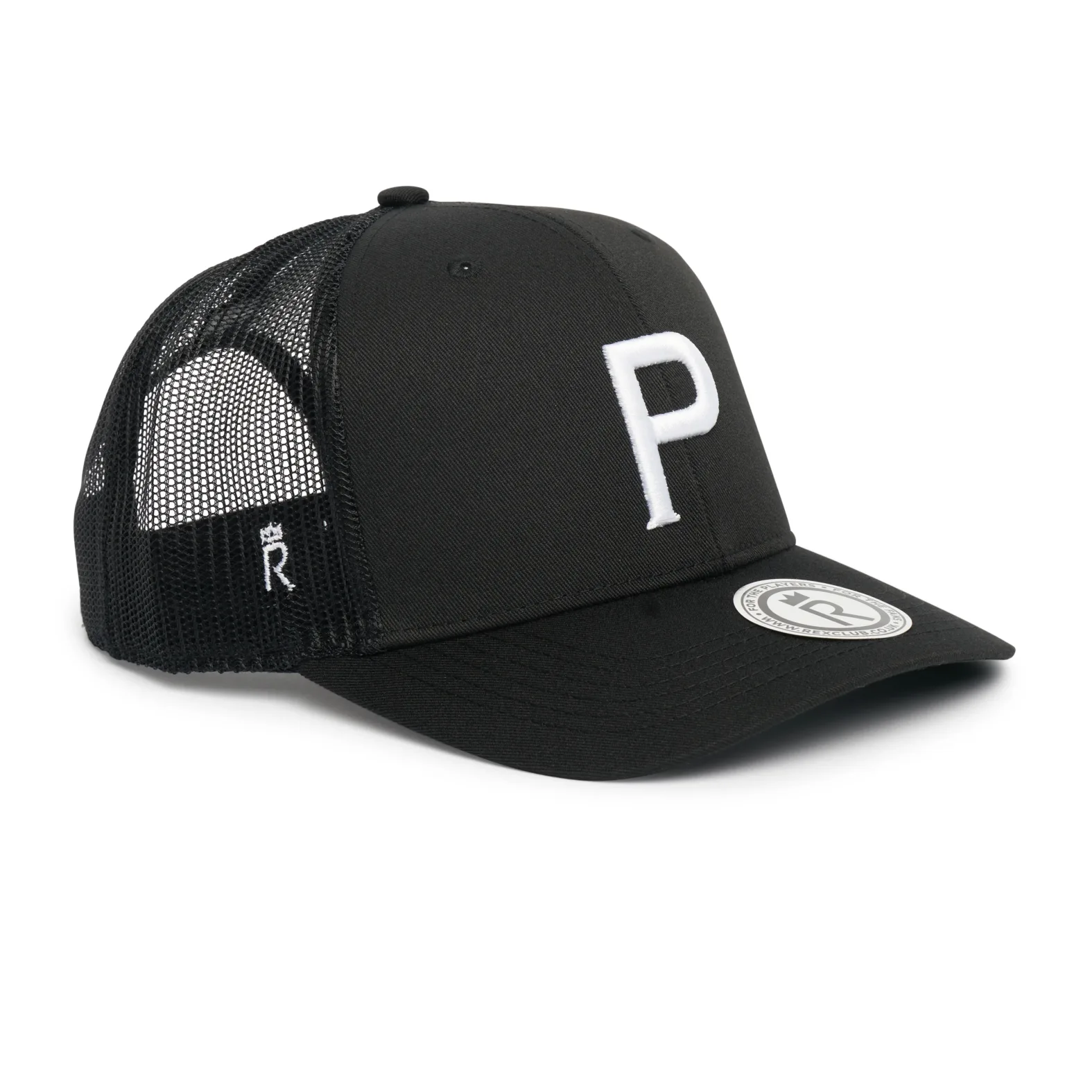 Rex Club | The Cornish Pirates - P Trucker is a black mesh cap with a curved brim, featuring the team crest on the front and a small circular patch on the brim. The back and sides are made of breathable black mesh fabric. | Custom Caps | Custom Hats | Team Headwear | UK