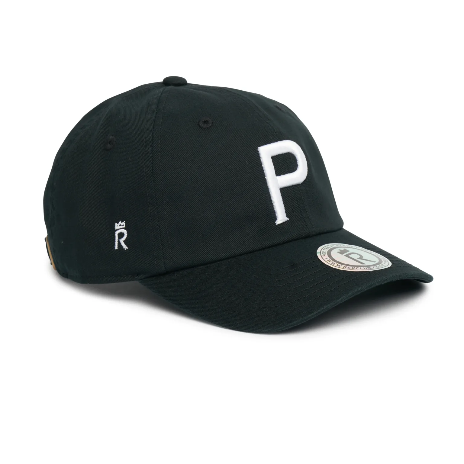 Rex Club | The Cornish Pirates - P Slouch is a black baseball cap with a curved brim, featuring a large white "P" embroidered on the front and a small round sticker on the brim. | Custom Caps | Custom Hats | Team Headwear | UK