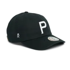 Rex Club | The Cornish Pirates - P Slouch is a black baseball cap with a curved brim, featuring a large white "P" embroidered on the front and a small round sticker on the brim. | Custom Caps | Custom Hats | Team Headwear | UK