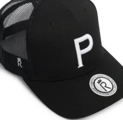 Rex Club | The Cornish Pirates - Club Crest Trucker is a black trucker cap with mesh back panels, featuring a white club crest on the front and a circular brim sticker with "R," "For The Players," and "rexclub.com. | Custom Caps | Custom Hats | Team Headwear | UK