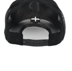 Rex Club | The Cornish Pirates - P Trucker is a black mesh trucker hat seen from the back, with an adjustable snapback closure and a small white cross stitched above the opening. | Custom Caps | Custom Hats | Team Headwear | UK
