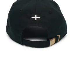 Rex Club | Back view of the Cornish Pirates - P Slouch cap in black, featuring a small black and white cross-flag patch above the adjustable strap with a gold buckle. | Custom Caps | Custom Hats | Team Headwear | UK