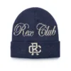 Rex Club | The Rex Club Script and Monogram Beanie is navy blue with “Rec Club” in cream cursive on the front and a cream “RC” monogram on the folded brim, all shown on a white background. | Custom Caps | Custom Hats | Team Headwear | UK