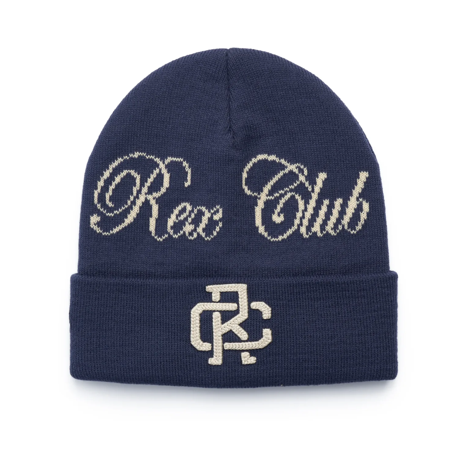 Rex Club | The Rex Club Script and Monogram Beanie is navy blue with “Rec Club” in cream cursive on the front and a cream “RC” monogram on the folded brim, all shown on a white background. | Custom Caps | Custom Hats | Team Headwear | UK