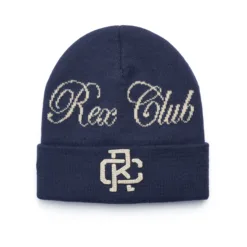 Rex Club | The Rex Club Script and Monogram Beanie is navy blue with “Rec Club” in cream cursive on the front and a cream “RC” monogram on the folded brim, all shown on a white background. | Custom Caps | Custom Hats | Team Headwear | UK