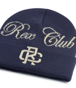Rex Club | The Rex Club Script and Monogram Beanie is a navy blue knit beanie with