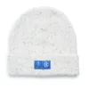 Rex Club | The Rex Club - White Beanie features a light gray speckled design, folded brim, and a blue rectangular patch with white logos and text, displayed against a plain white background. | Custom Caps | Custom Hats | Team Headwear | UK