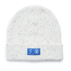 Rex Club | The Rex Club - White Beanie features a light gray speckled design, folded brim, and a blue rectangular patch with white logos and text, displayed against a plain white background. | Custom Caps | Custom Hats | Team Headwear | UK