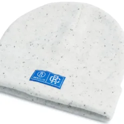 Rex Club | The Rex Club - White Beanie is a light gray knit hat with black speckles, featuring a blue rectangular patch with white logos and text on the folded brim, shown against a white background. | Custom Caps | Custom Hats | Team Headwear | UK