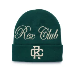 Rex Club | The Rex Club Script and Monogram Beanie is a dark green knit hat featuring “Rex Club” in white script and overlapping white “R” and “C” letters on the cuff, shown against a plain white background. | Custom Caps | Custom Hats | Team Headwear | UK