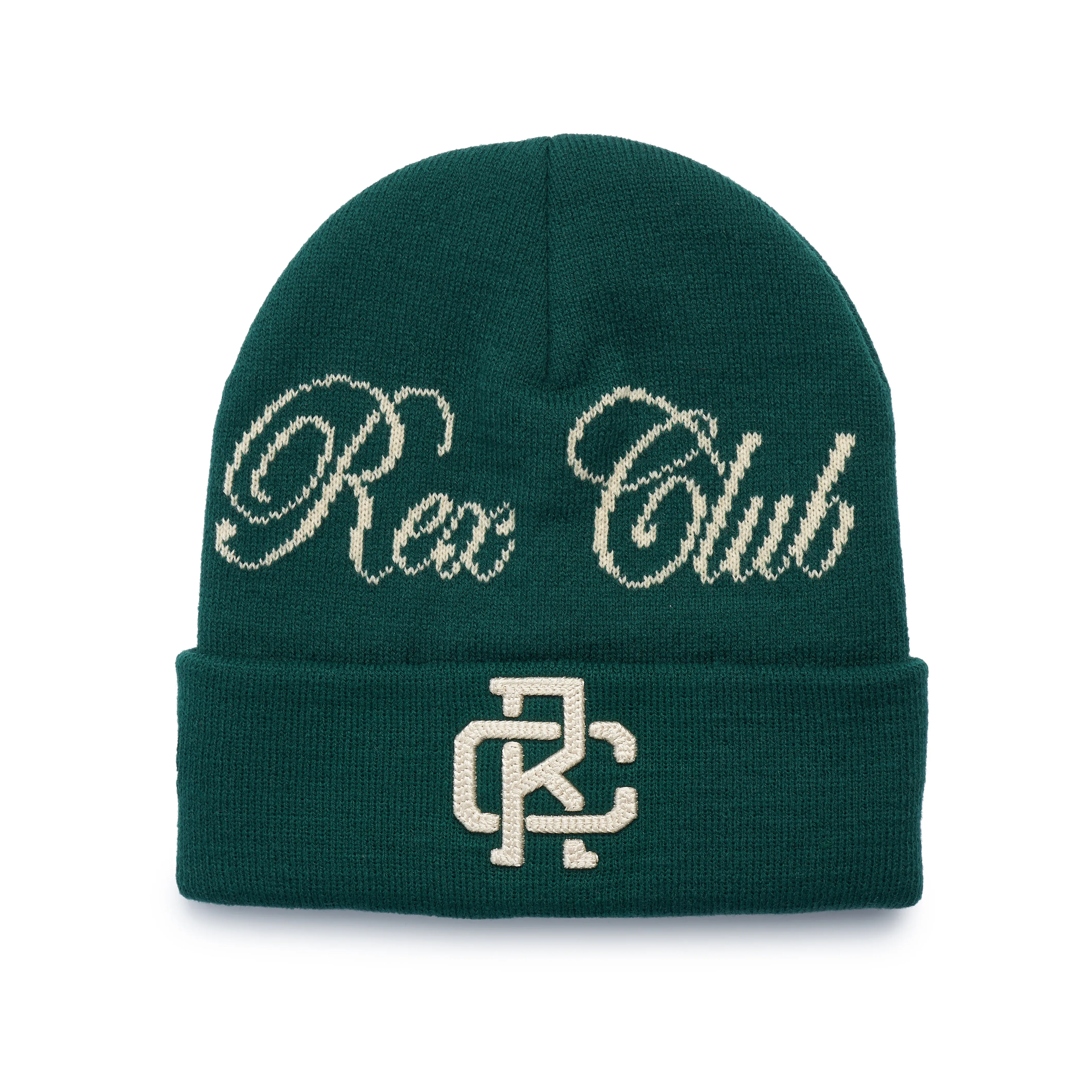 Rex Club | Rex Club Script and Monogram Beanie | Custom Caps | Custom Hats | Team Headwear | UK Rex Club | The Rex Club Script and Monogram Beanie is a dark green knit hat featuring “Rex Club” in white script and overlapping white “R” and “C” letters on the cuff, shown against a plain white background. | Custom Caps | Custom Hats | Team Headwear | UK