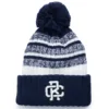 Rex Club | Rex Club Script and Monogram Beanie | Custom Caps | Custom Hats | Team Headwear | UK Rex Club | The Rex Club beanie features a navy cuff, white and blue patterned knit body, pom-pom top, and a chenille "RC" patch on the front. | Custom Caps | Custom Hats | Team Headwear | UK