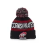 Rex Club | Cornish Pirates – P Slouch | Custom Caps | Custom Hats | Team Headwear | UK Cornish Pirates | A navy and white beanie hat with a pom-pom on top, featuring a chenille "RC" patch and Rex Club branding. | Custom Caps | Custom Hats | Team Headwear | UK