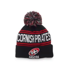 Rex Club | Cornish Pirates Bobble | Custom Caps | Custom Hats | Team Headwear | UK Cornish Pirates | A navy and white beanie hat with a pom-pom on top, featuring a chenille "RC" patch and Rex Club branding. | Custom Caps | Custom Hats | Team Headwear | UK