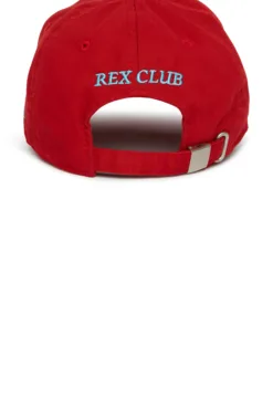 Rex Club | The RC 26 Slouch is a red baseball cap viewed from the back, featuring "REX CLUB" embroidered in blue and an adjustable strap with a metal clasp. | Custom Caps | Custom Hats | Team Headwear | UK