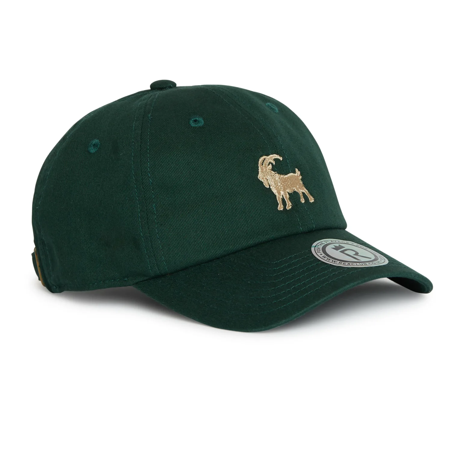 Rex Club | The OFFSEASON 26 is a dark green baseball cap with a curved peak, featuring an embroidered gold goat on the front and a round silver sticker on the peak. | Custom Caps | Custom Hats | Team Headwear | UK
